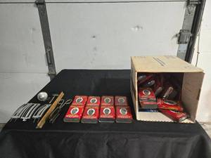 Lot of Vintage Prince Albert Crimp Cut Tobacco Tins & Miscellaneous Tools