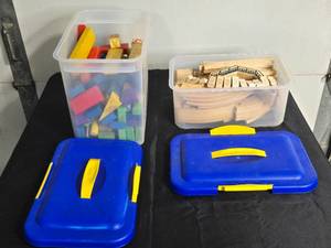 Lot of Assorted Wooden Blocks and Train Tracks in Storage Bins