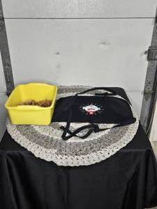Lot of Round Crochet Rug, Apron, and Clothespins