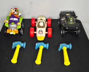 Lot of Assorted Toy Vehicles and Plastic Hammers