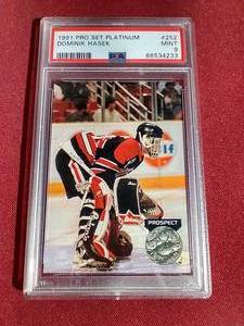 lot 58 image: 1991-92 Pro Set Platinum Dominik Hasek Rookie Card - PSA 9