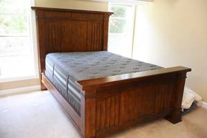 lot 20 image: A.R.T. Furniture Solid Wood Bed wBox Spring Hammered Metal Headboard Side-Scroll