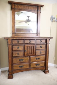 lot 21 image: A.R.T. Furniture LARGE Solid Wood Tallboy Chest Two-Piece DresserMirror wDovetail Drawers