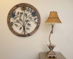 lot 26 image: Interior Home DeCor...MetalWood Floral Wall Art and Bamboo-Style Slim Table Nightstand Lamp...