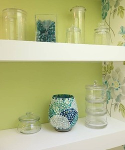 lot 29 image: Interior Home DeCor...Glass Apothecary Jars wTeal Accents Etc