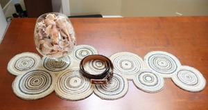 lot 34 image: Table Desk DeCorPier 1 Beaded Table Runner wShelled-Filled Pedestal Fish Pole