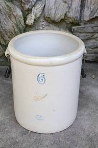 lot 85 image: Six 6-Gallon Red Wing Crock wSmall Wing Bale Handles