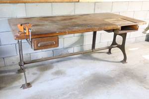 lot 87 image: Antique Cast Iron-Legged Solid Wood Work Bench Sewing Crafting Table wVise