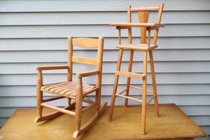 lot 153 image: Vintage Childs Wood Rocking Chair and Doll High-Chair