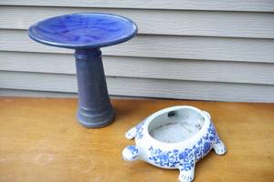 lot 158 image: Lawn & Garden DeCor...Ceramic Two-Piece Birdbath, Turtle Planter