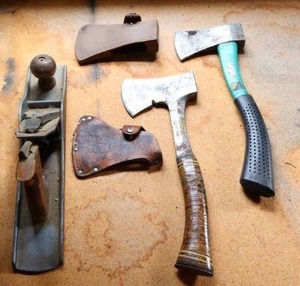 lot 117 image: Vintage Circa 1950s-60s Estwing Sportsman Hatchet Stacked Leather Handle Tooled Leather Sheath, Camp Axe Hatchet wSheath, Master Mechanic Corrugated Wood Plane, Hatchets wSheaths...