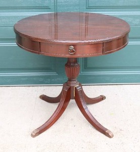 lot 139 image: 1950s Duncan Phyfe Federal Style Pedestal Mahogany Drum Table wClaw Feet Caps
