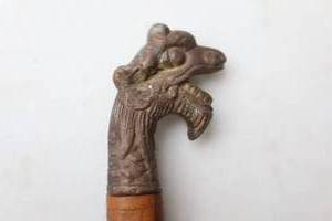 lot 144 image: RARE...Vietnam War Swagger Stick Wood Brass Dragons Head Irish Shillelagh 34-Inch Walking Stick