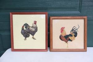 lot 176 image: Framed Vintage Needlework Roosters