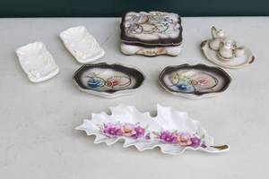 lot 185 image: Collectible Porcelain China Japan Nippon Porcelain Moriage Dragonware Chinoiserie Dresser Vanity Box Dish, Miniature Tea Set Etc.