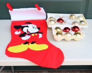 lot 214 image: Holiday DeCor ChristmasBulbs Red and Gold, Large Mickey Mouse Stocking