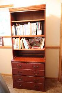 lot 256 image: A-America Locking Two-Drawer Wood File Cabinet Bookcase Adjustable Shelving Section