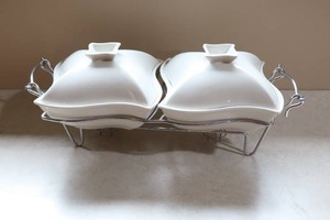 lot 279 image: Godinger Ceramic Double Warmer Chafing Dish with Serving Stand
