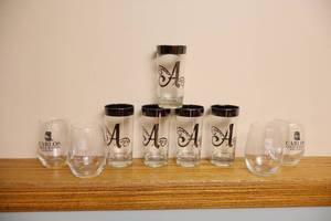 lot 285 image: Vintage Monogram A Silver Rim Tumblers, Set of 5 Mid Century Dorothy Thorpe Style Letter A Highball Glasses Etc