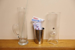 lot 287 image: RARE Tall Vintage Hand-Blown Glass Cocktail Pitcher with Stir Stick, Wolford Glass Company Classic Handblown Glass Oil Lamp Etc