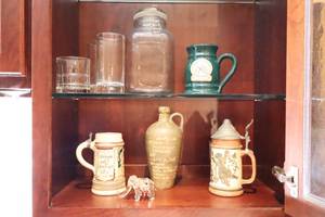 lot 291 image: Vintage Breweriana Steins, Mugs, Collectible Glass Jar, Elephant Etc