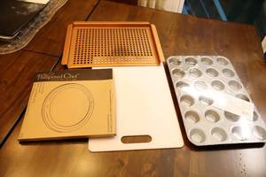 lot 306 image: Kitchen AccessoriesCopper Perforated Baking Pan, Pampered Chef Deluxe Mini-Muffin Pan, Pie Shield Etc