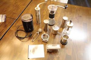 lot 313 image: Kitchen AccessoriesStainless Steel Busy Bee Coffee, Birletti Hand Grinder, Salt and Pepper Etc