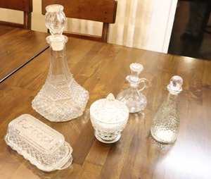 lot 327 image: Vintage Wexford By Anchor Hocking Decanter, Covered Butter Dish, Oil Vinegar Bottle, Covered Candy