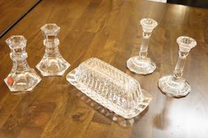 lot 340 image: Towle Full Lead Crystal Candle Holders, Covered Butter Dish Etc