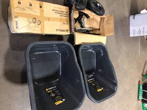 Lot of Gorilla 8 cu. ft. Dual-Wheel Wheelbarrow, Pro-Grade Poly Bucket, Steel Handles, Dual 16 in. Pneumatic Wheels, Easy-Dump Design Missing Pieces  Customer Returns See Pictures