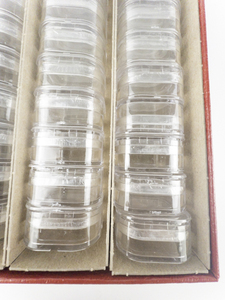 lot 101 image: Red Storage Box with 29 Gemstone Boxes with Silicone Membrane