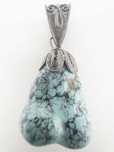 lot 111 image: BJ Turquoise Filigree Bail Sterling Silver Pendant.