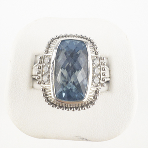 lot 117 image: Judith Ripka Cushion Cut Blue Topaz sterling Silver Cocktail. Size 9.75 - 10.