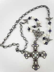 lot 124 image: Cynthia Garrett Love Conquers All Muli-Colored Gemstone Base Metal Cross Necklace .