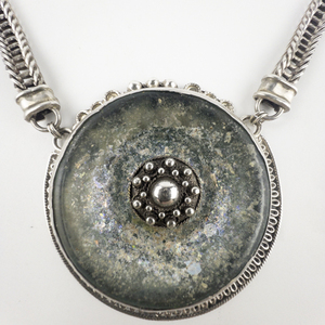lot 135 image: Massive Eye Of The Storm Roman Glass Sterling Silver Necklace.