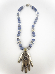 lot 153 image: Sweet Romance Healing Hand Blue Base Metal Bead Necklace.