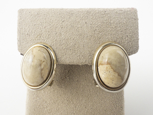 lot 167 image: Oval Stone (Agate, Jasper )Yellow Plated Base Metal Omega Back Earrings .