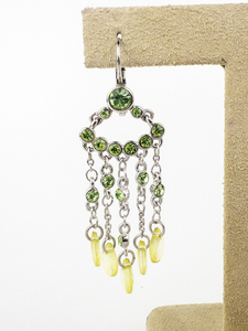 lot 171 image: Green Rhinestone Silver Tone Base Metal Hinged Wire Hoop Dangle Earrings.