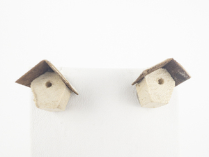 lot 172 image: Super Unique Wooden Bird House Base Metal Post Back Pierced Earrings.