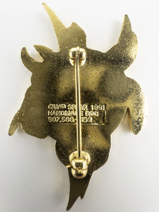 lot 186 image: Wm Spear Designs Beautiful Champleve Enamel Iris Gold Plated Copper Lapel Pin. Attached To Original Packaging