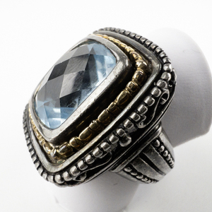 lot 260 image: Gabrielle Bruni Beautiful Bezel Set Blue Topaz With Beaded Border Sterling Silver & 14K Ring. Size 6.5 - 6.75.