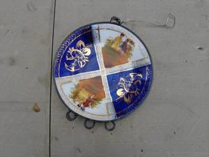 lot 20 image: Decorative Wind Chime with Painted Circular Plate and Glass Panels