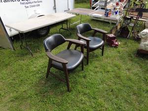 lot 60 image: Pair of Vintage Black Leather and Wood Arm Chairs