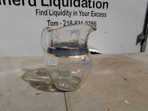 lot 103 image: Vintage Clear Glass Pitcher with Blue and Gold Band