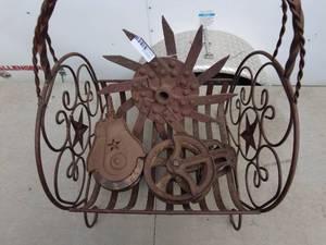lot 115 image: Decorative Iron Basket with Assorted Antique Gears