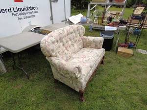 lot 126 image: Vintage Floral Upholstered Loveseat with Carved Wood Accents