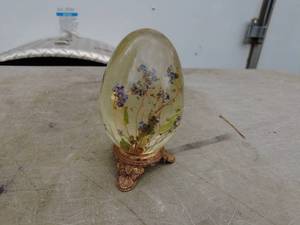lot 189 image: Lot of 3 Glass Decorative Items Encapsulated Flowers Egg, Mushroom, and Green Egg