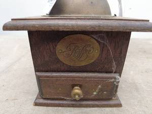 lot 220 image: Vintage Wooden Coffee Grinder with Brass Accents