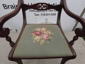 lot 223 image: Vintage Wooden Armchair with Floral Embroidered Seat