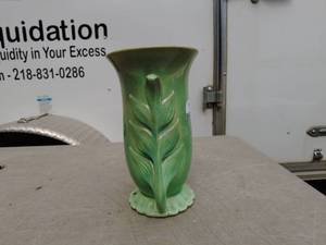 lot 350 image: Vintage Green Ceramic Vase with Leaf Design